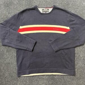 Tommy Hilfiger Sweater Mens XL Navy Chest‎ Stripe Crewneck Cotton Knit Pullover